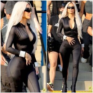 SKIMS All-in-one Shine Mock Neck Long Sleeve Onesie, Black. Size XSmall.